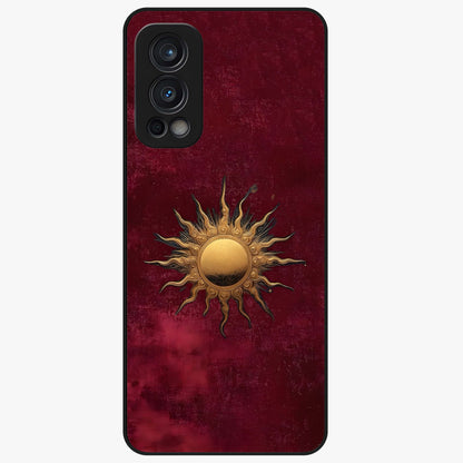 Gold Sun Blush Glass Case showing flat back view with golden sun inspired artwork and glossy glass finish.