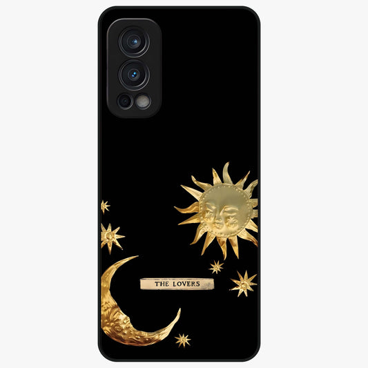 Golden Celestial Charm Glass Case showing flat back view with golden celestial charm artwork and glossy glass finish.