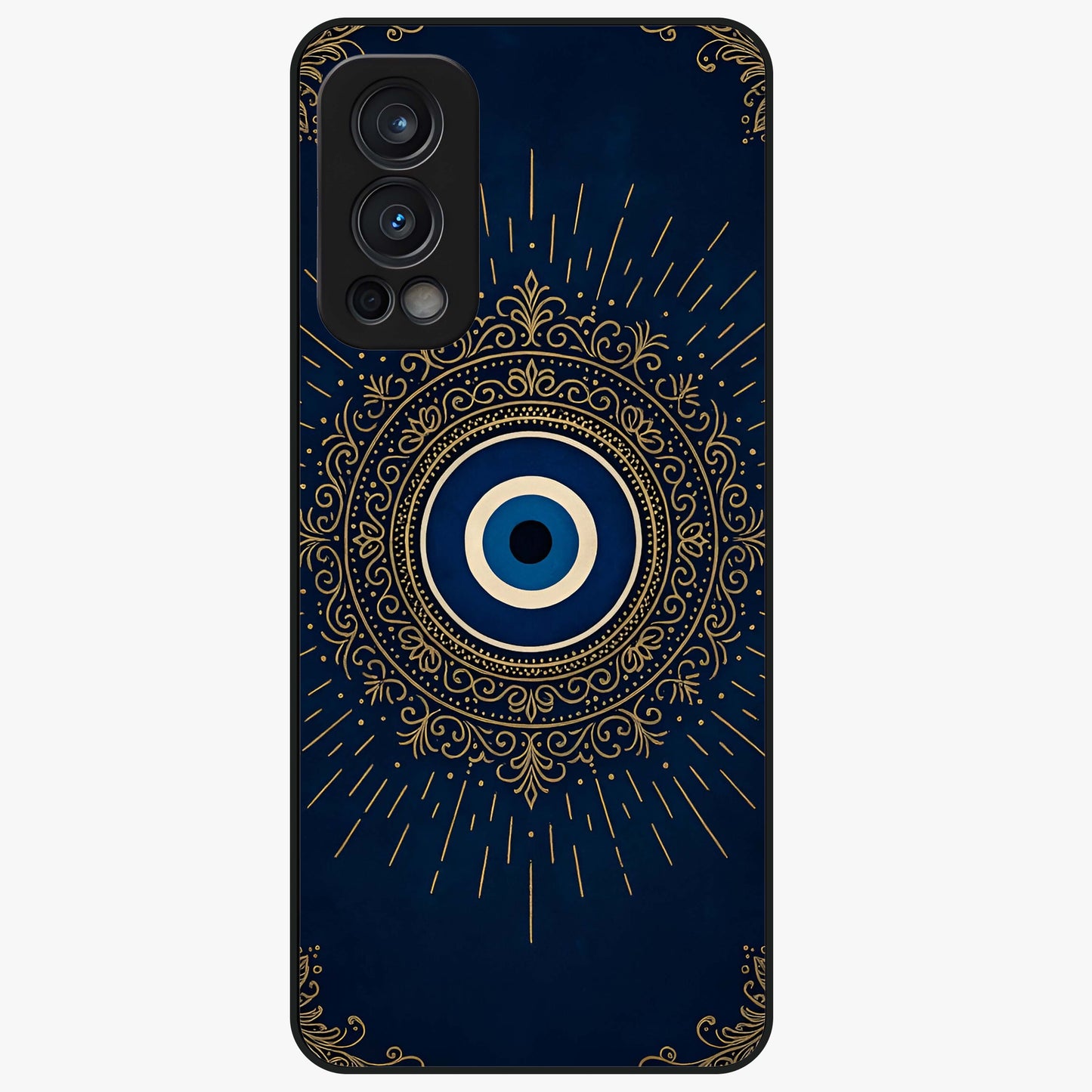 Golden Evil Eye Mandala Glass Case showing flat back view with intricate evil eye mandala artwork and glossy glass finish.