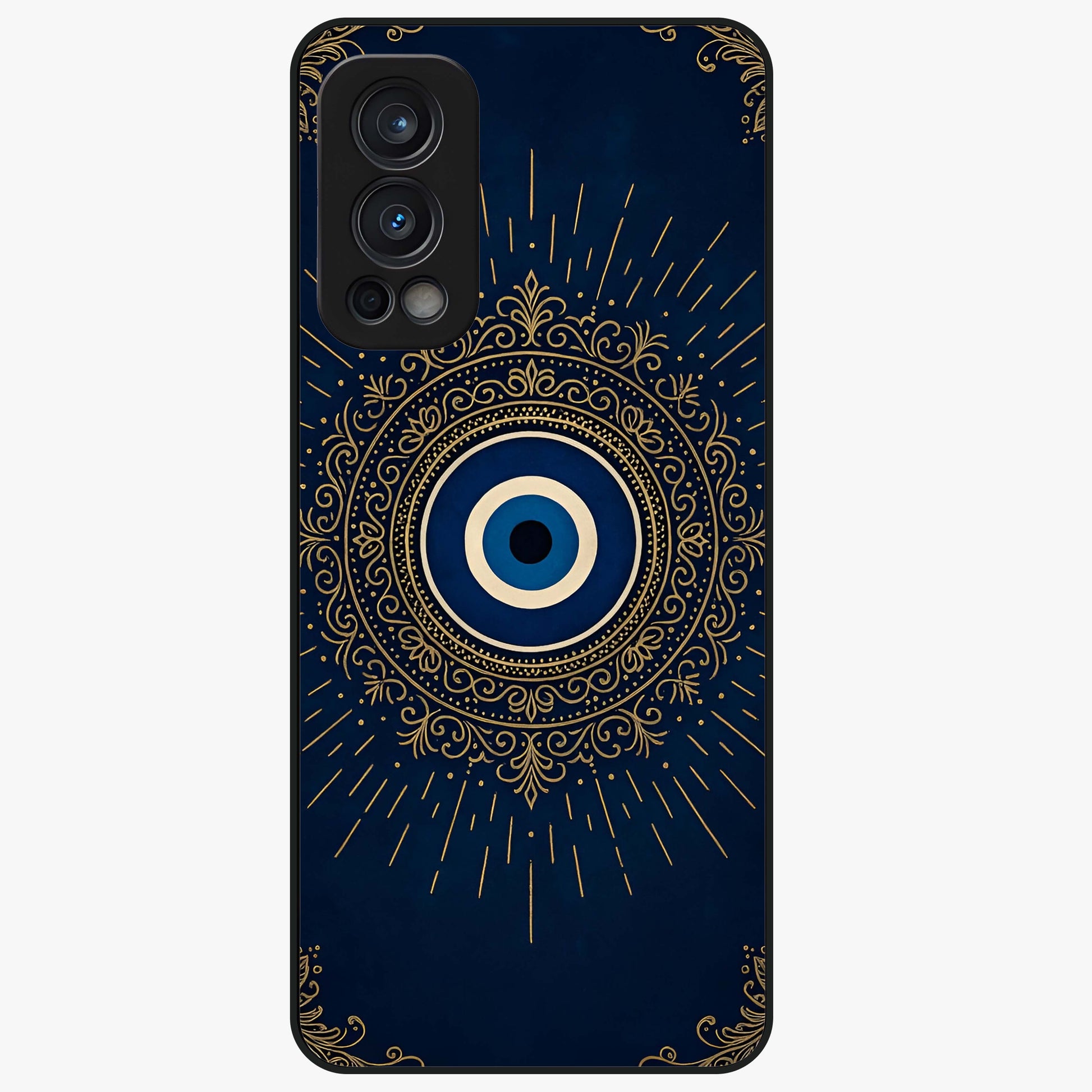 Golden Evil Eye Mandala Glass Case showing flat back view with intricate evil eye mandala artwork and glossy glass finish.