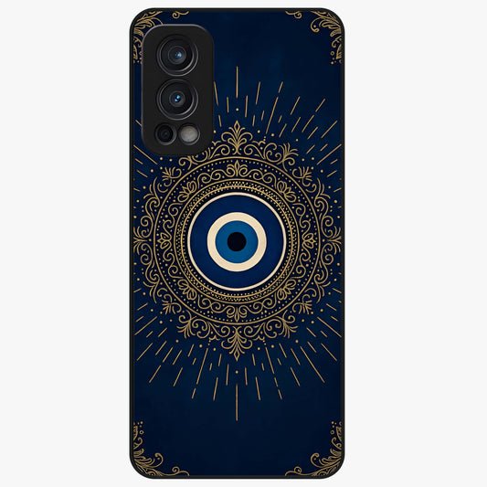 Golden Evil Eye Mandala Glass Case showing flat back view with intricate evil eye mandala artwork and glossy glass finish.
