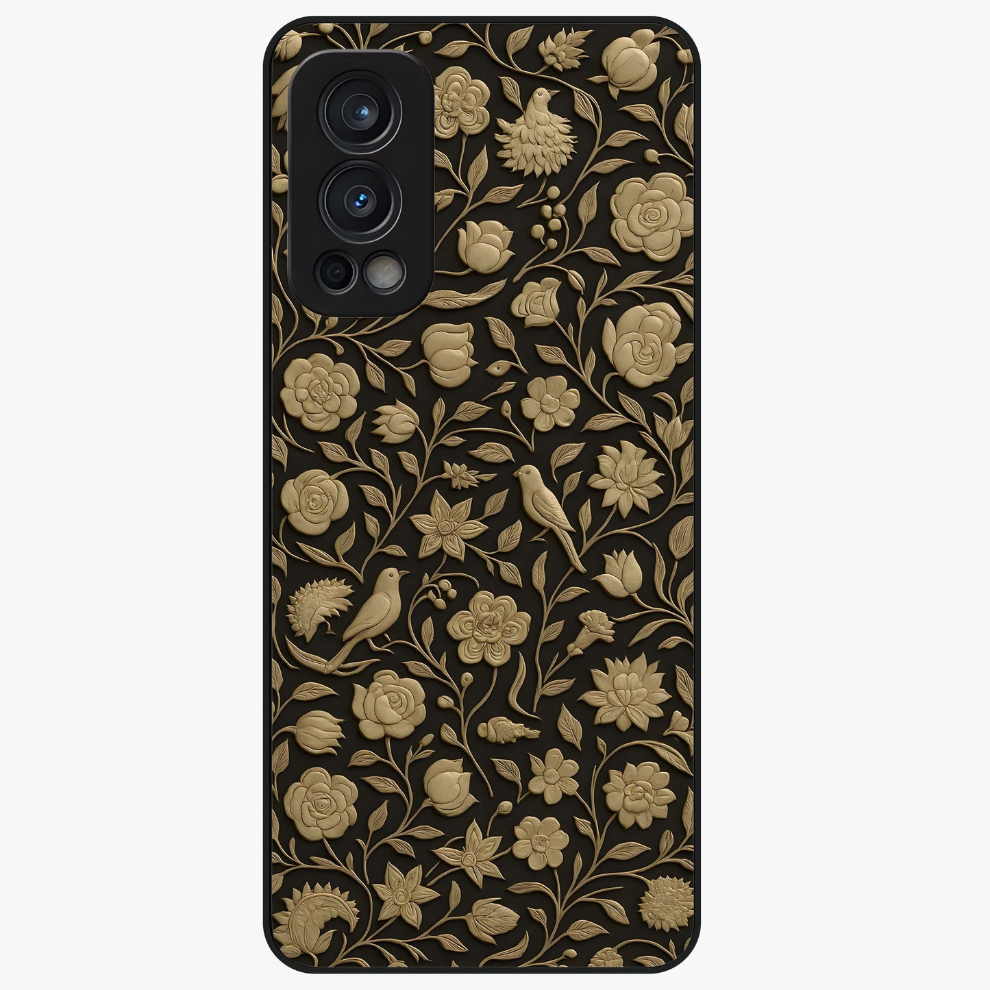 Golden Floral Majesty Glass Case showing flat back view with luxurious golden floral artwork and glossy glass finish.