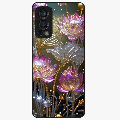 Golden Lotus Glow Glass Case showing flat back view with glowing lotus flower artwork and glossy glass finish.
