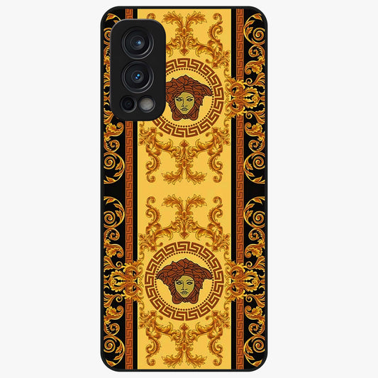 Golden Royal Heritage Glass Case showing flat back view with ornate royal pattern artwork and glossy glass finish.