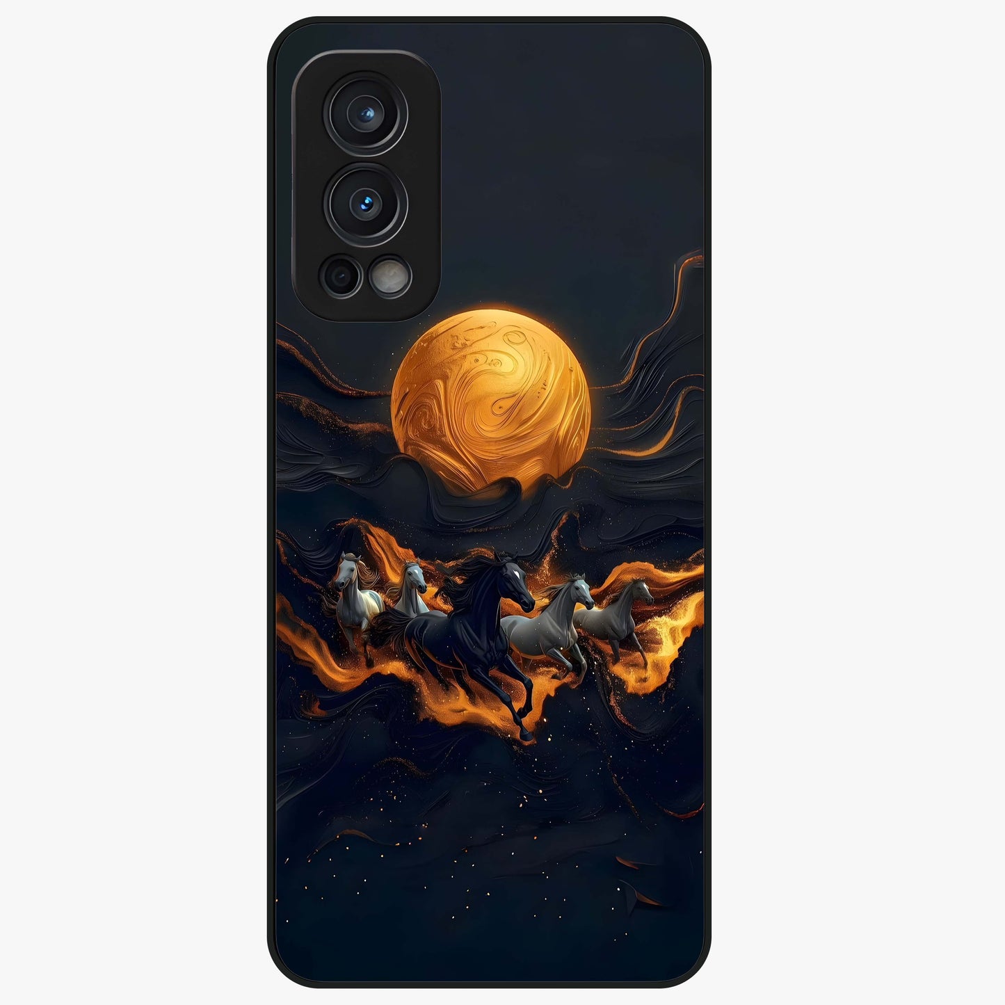 Golden Stallion Moonride Glass Case showing flat back view with majestic horse under moonlight artwork and glossy glass finish.