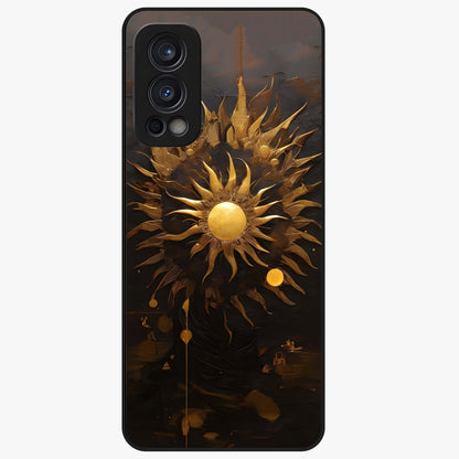 Golden Sun Majesty Glass Case showing flat back view with radiant golden sun artwork and glossy glass finish.