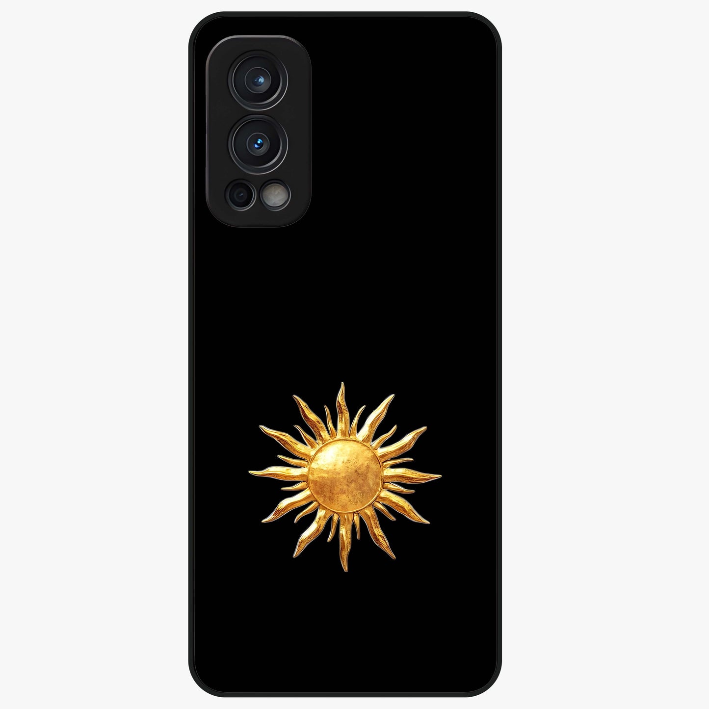 Golden Sun Minimalism Glass Case showing flat back view with minimal golden sun artwork and glossy glass finish.