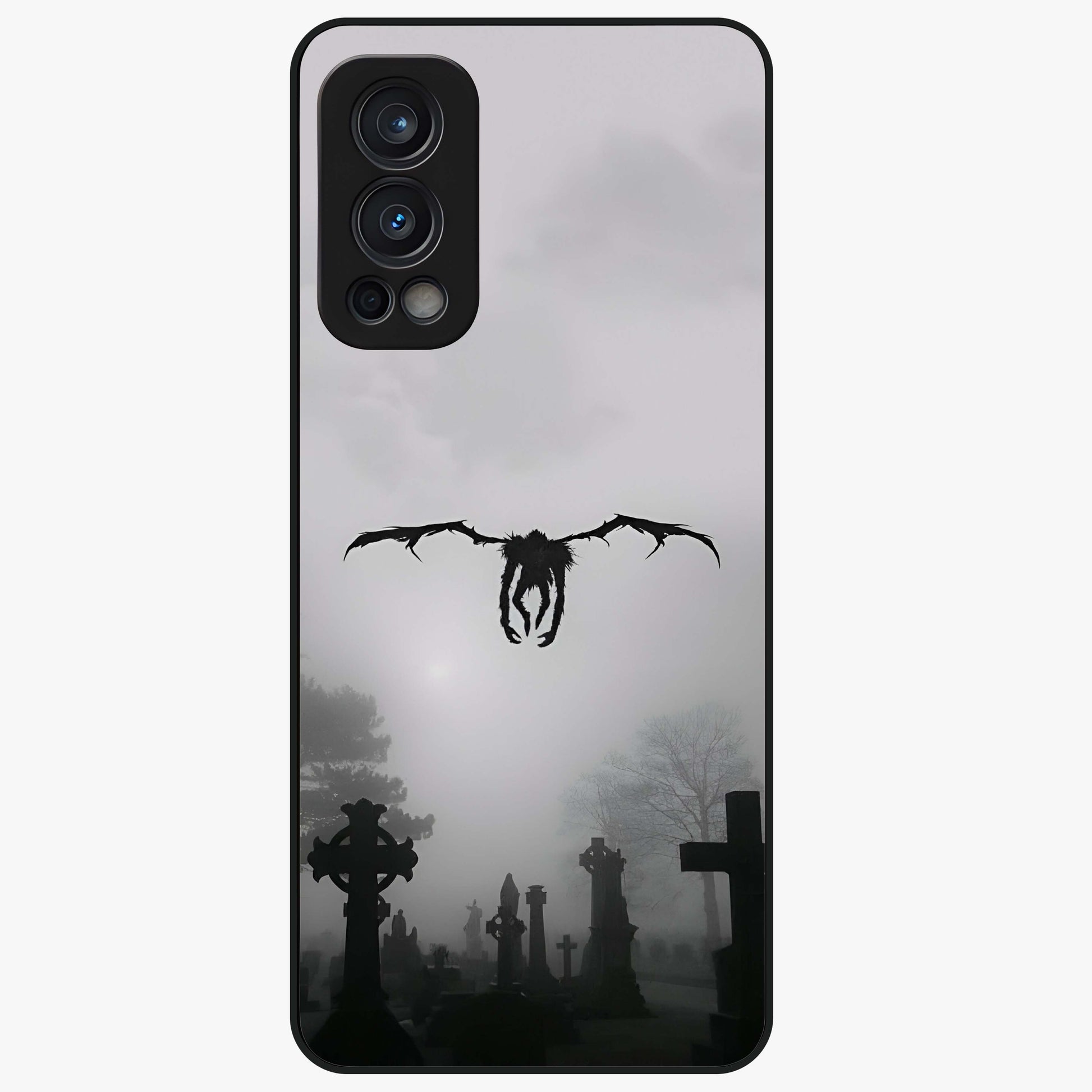 Graveyard Shadow Descent Glass Case showing flat back view with dark graveyard themed artwork and glossy glass finish.