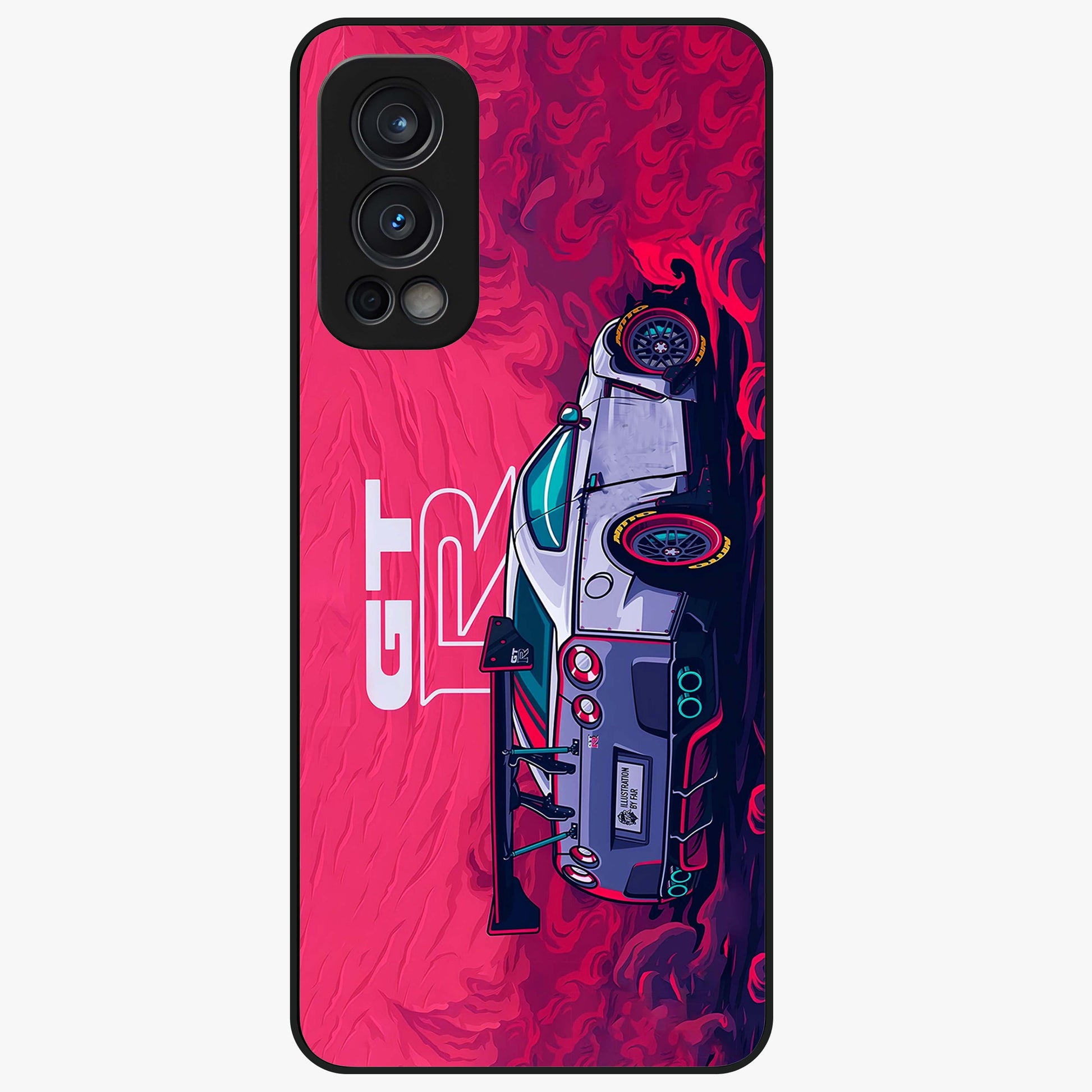 GT-R Car Pattern Glass Case showing flat back view with sporty car inspired pattern artwork and glossy glass finish.