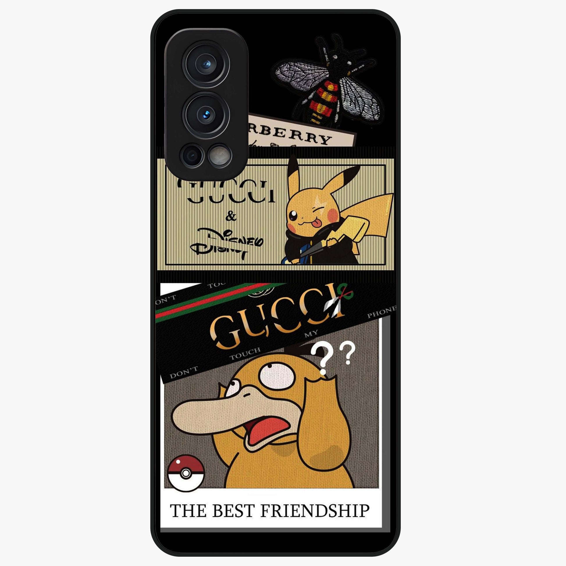 Gucci Play Mashup Glass Case showing flat back view with luxury inspired graphic artwork and glossy glass finish.