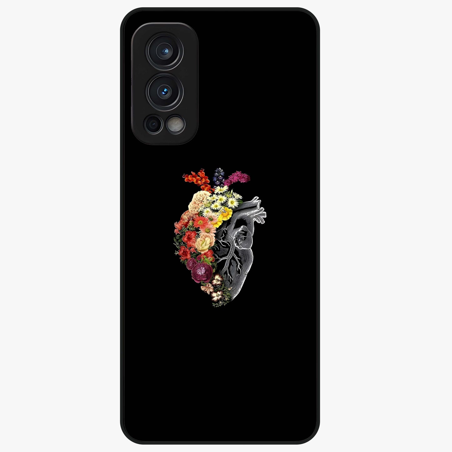 Heart With Flowers Glass Case showing flat back view with heart shaped floral artwork and glossy glass finish.