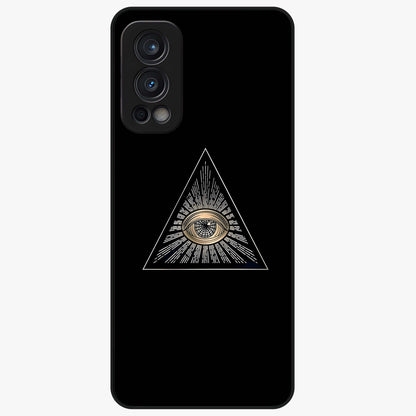 Illuminati Evil Glass Case showing flat back view with mysterious illuminati symbol artwork and glossy glass finish.