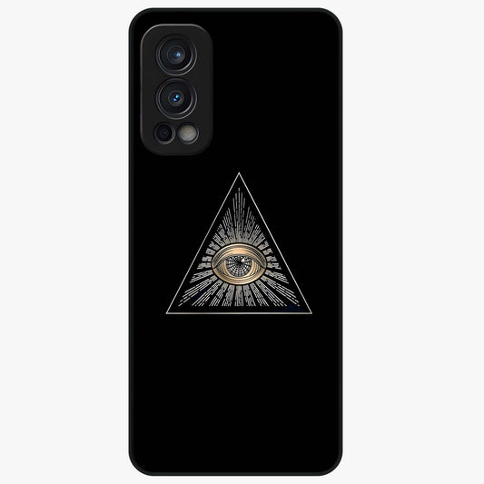 Illuminati Evil Glass Case showing flat back view with mysterious illuminati symbol artwork and glossy glass finish.