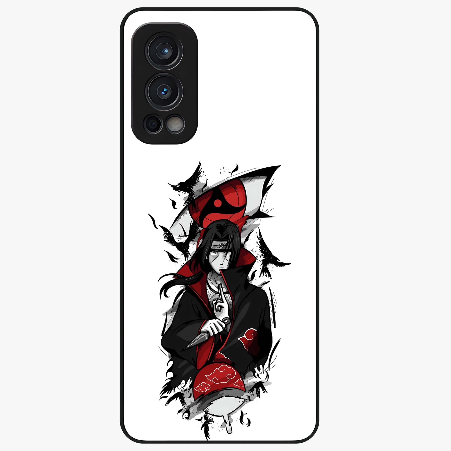 Itachi Sharingan Glass Case showing flat back view with powerful anime eye artwork and glossy glass finish.