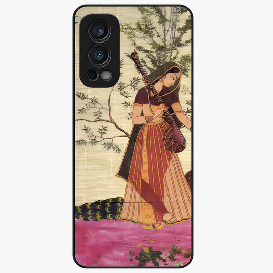 Lady With Veena Art Glass Case showing flat back view with elegant woman playing veena artwork and glossy glass finish.