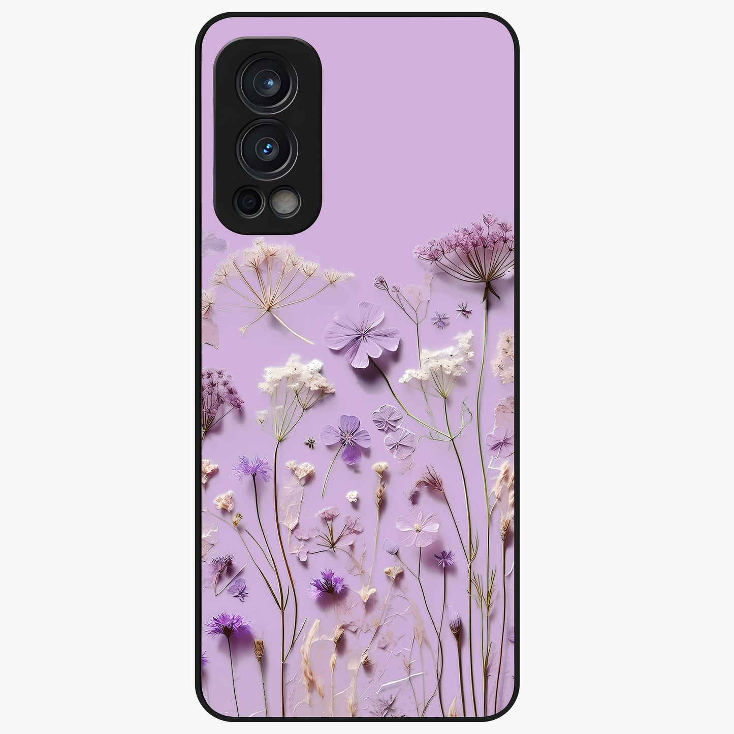 Lavender Blossom Dream Glass Case showing flat back view with soft lavender floral artwork and glossy glass finish.