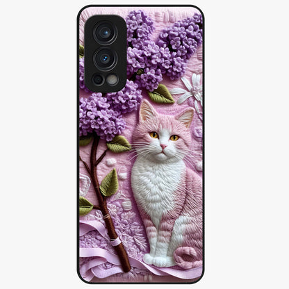 Lavender Cat Whimsy Glass Case showing flat back view with cute lavender cat artwork and glossy glass finish.