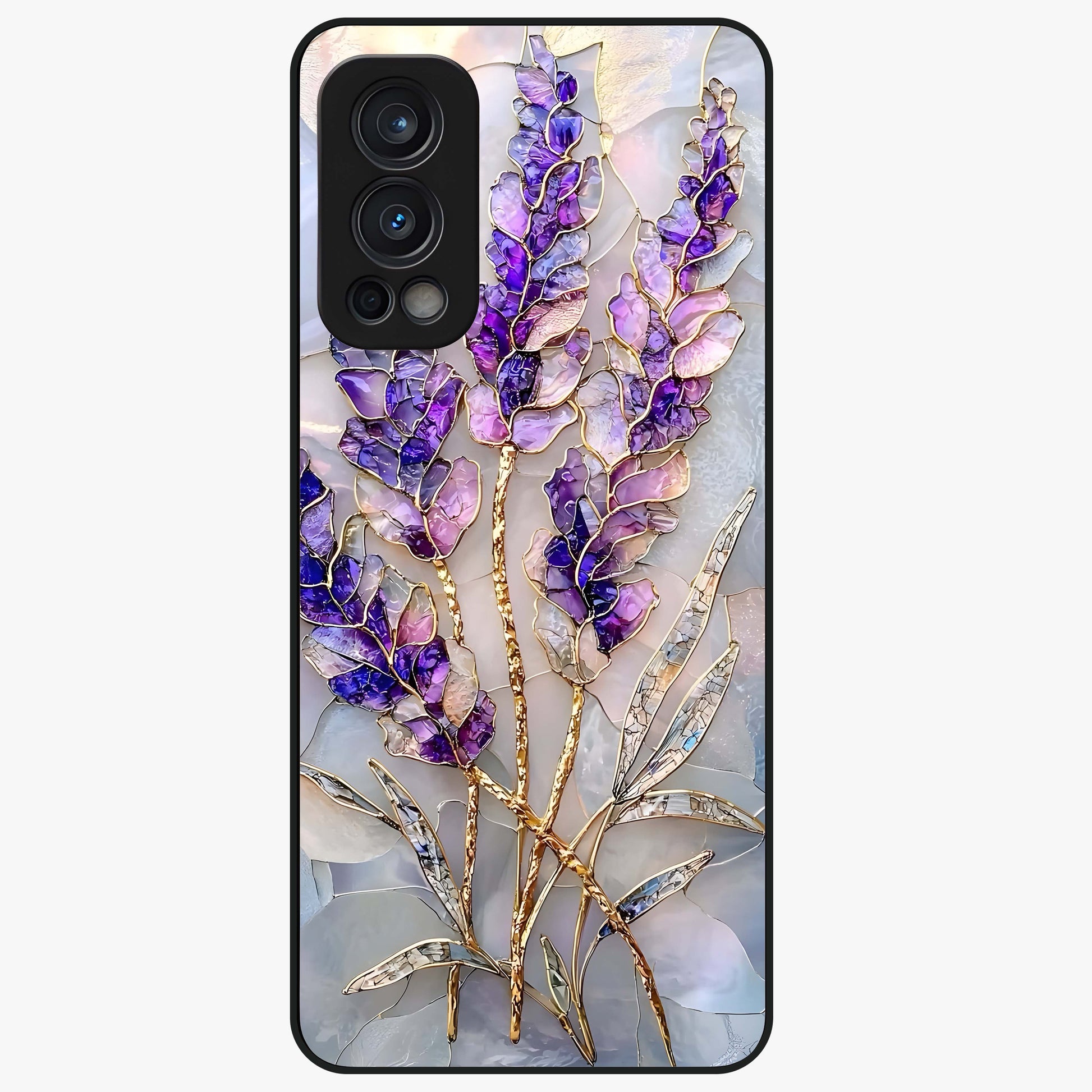 Lavender Dream Glow Glass Case showing flat back view with glowing lavender aesthetic artwork and glossy glass finish.