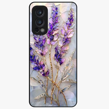Lavender Dream Glow Glass Case showing flat back view with glowing lavender aesthetic artwork and glossy glass finish.