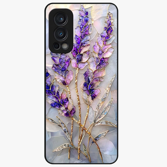 Lavender Dream Glow Glass Case showing flat back view with glowing lavender aesthetic artwork and glossy glass finish.
