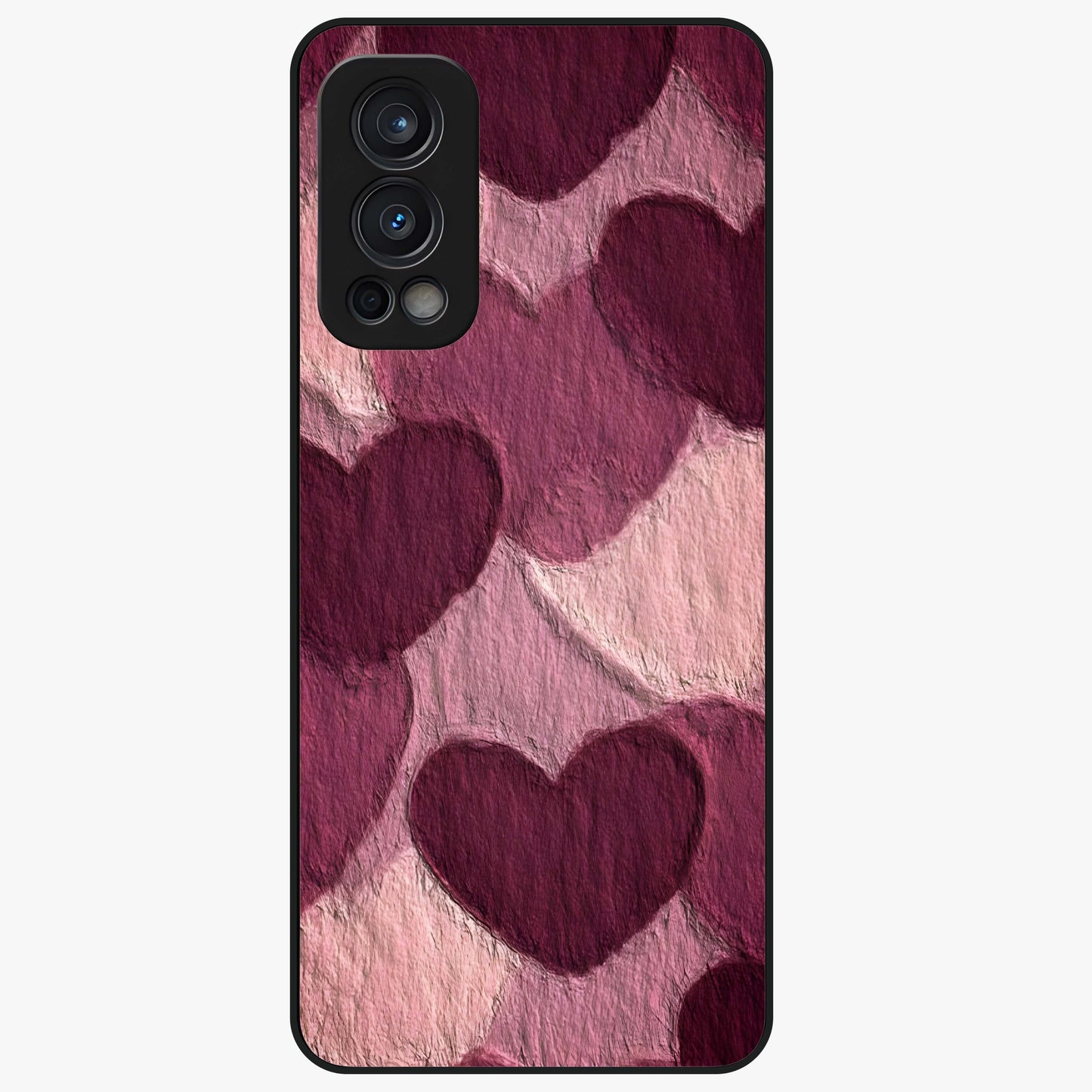 Layered Paper Hearts Glass Case showing flat back view with layered paper heart artwork and glossy glass finish.