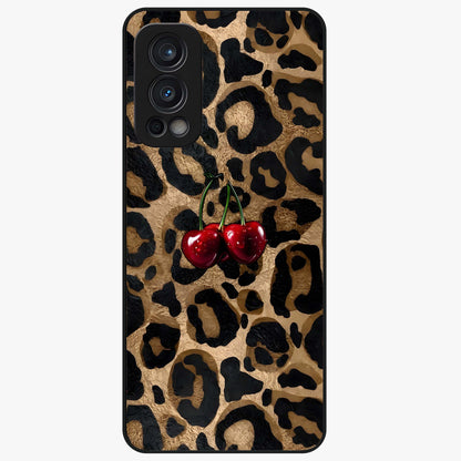 Leopard Wild Cherry Glass Case showing flat back view with leopard pattern and cherry artwork and glossy glass finish.