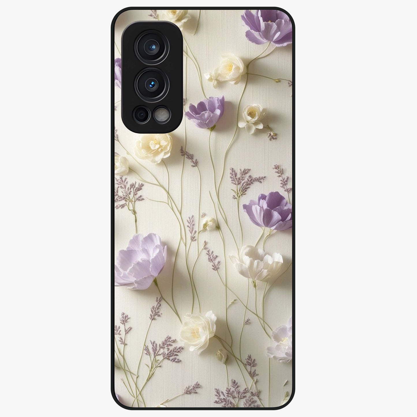Lilac Breeze Harmony Glass Case showing flat back view with soft lilac themed artwork and glossy glass finish.