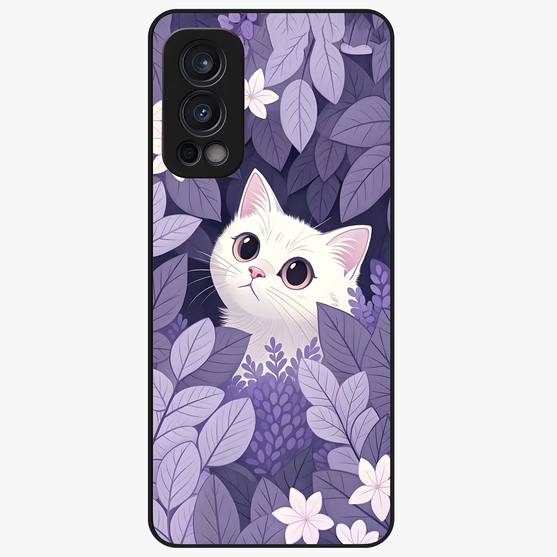 Lilac Hide Peek Cat Glass Case showing flat back view with cute peeking cat artwork and glossy glass finish.