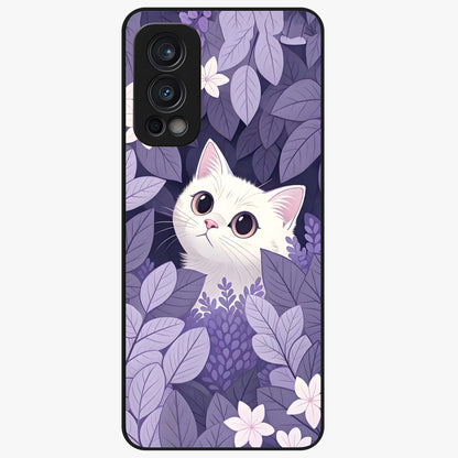 Lilac Hide Peek Cat Glass Case showing flat back view with cute peeking cat artwork and glossy glass finish.