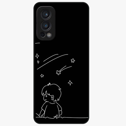 Line Art Boy With Shooting Stars Glass Case showing flat back view with minimal line art boy and shooting stars illustration and glossy glass finish.