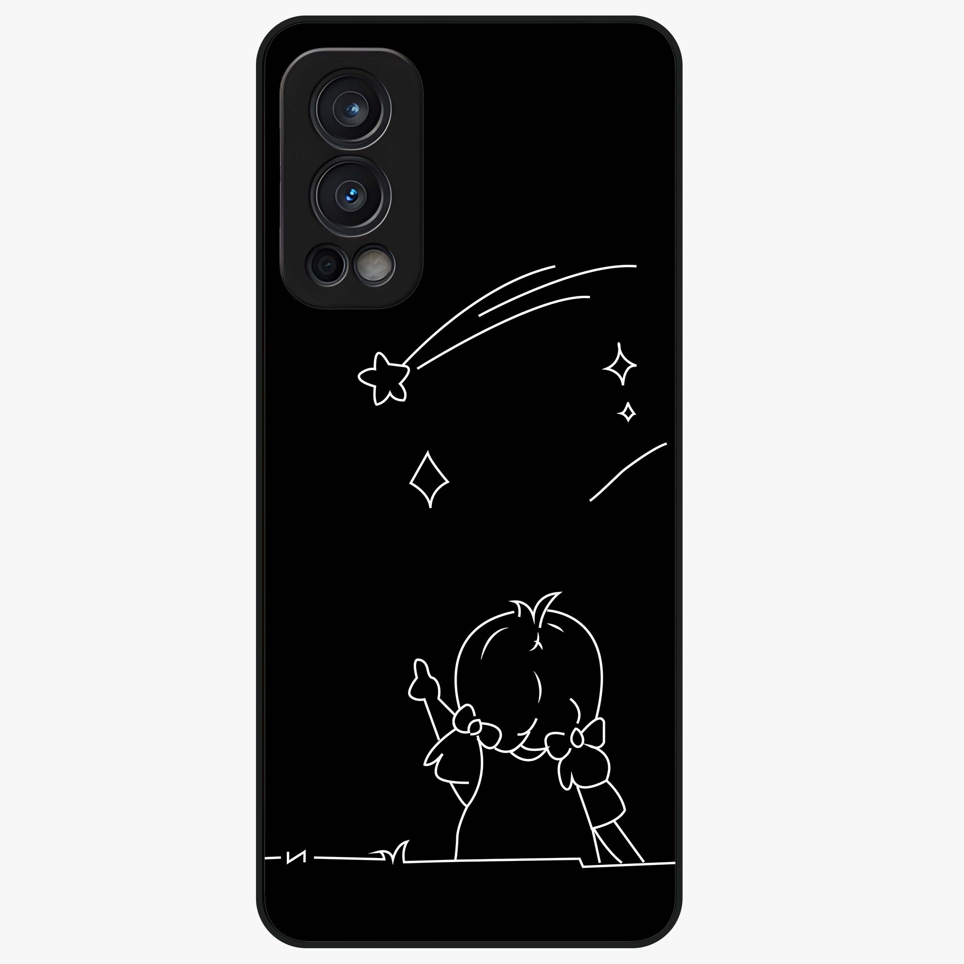 Line Art Girl With Shooting Stars Glass Case showing flat back view with minimal line art girl and shooting stars illustration and glossy glass finish.