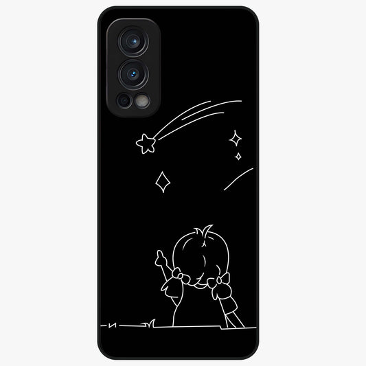 Line Art Girl With Shooting Stars Glass Case showing flat back view with minimal line art girl and shooting stars illustration and glossy glass finish.