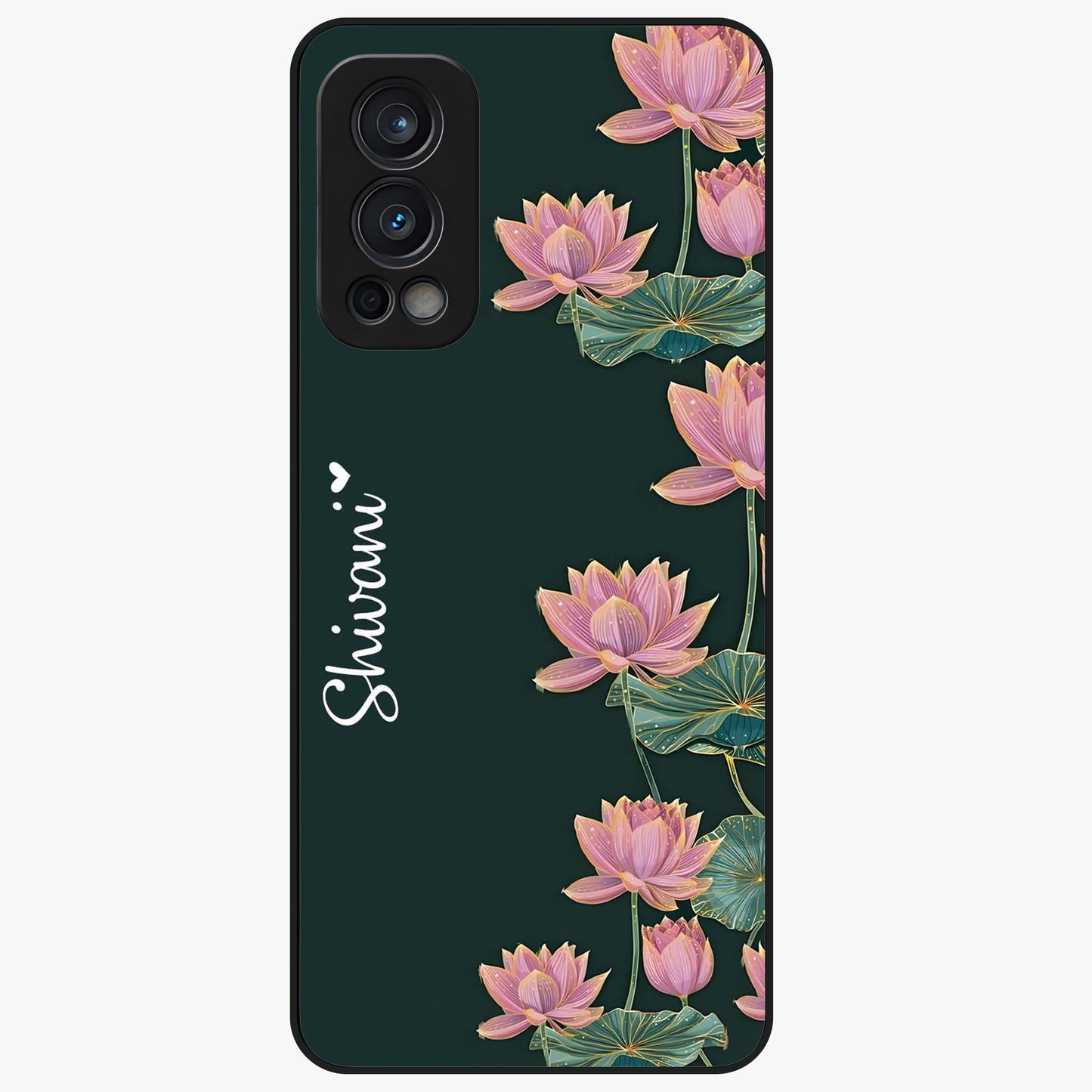 Lotus Bloom Serenity Custom Name Glass Case showing flat back view with elegant lotus flower artwork and personalized name design.