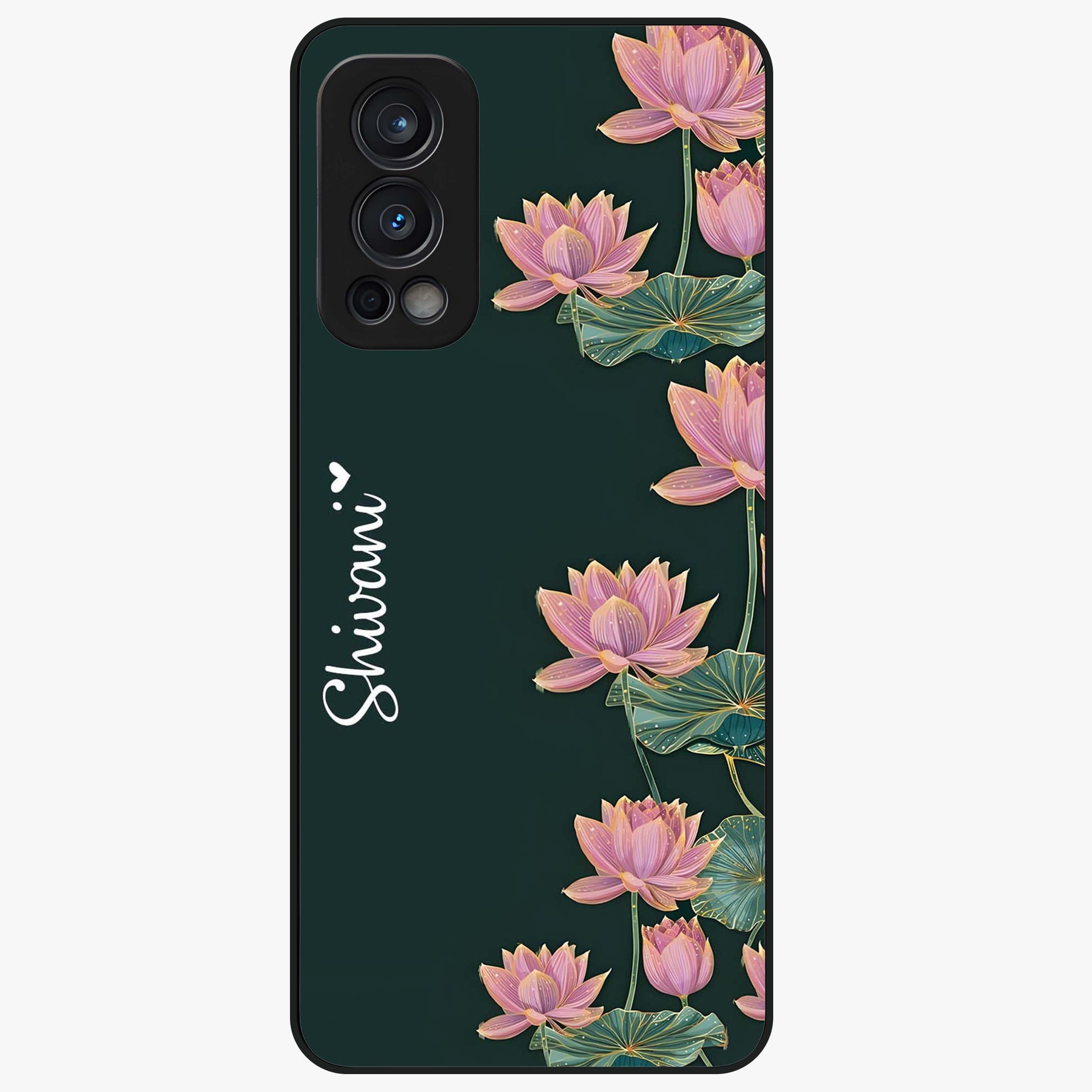 Lotus Bloom Serenity Custom Name Glass Case showing flat back view with elegant lotus flower artwork and personalized name design.