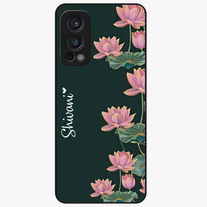 Lotus Bloom Serenity Custom Name Glass Case showing flat back view with elegant lotus flower artwork and personalized name design.