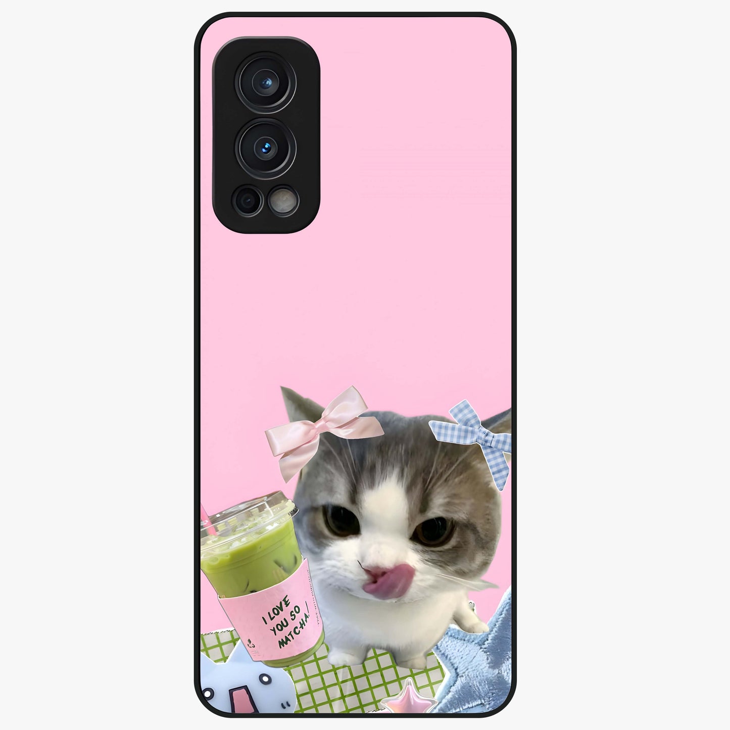 Love Matcha Cat Glass Case showing flat back view with cute cat and matcha themed artwork and glossy glass finish.