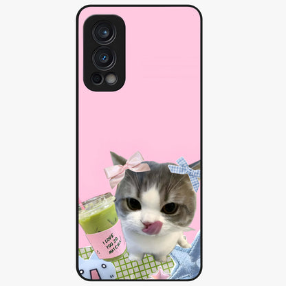 Love Matcha Cat Glass Case showing flat back view with cute cat and matcha themed artwork and glossy glass finish.