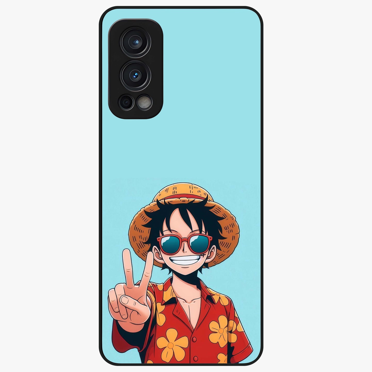 Luffy Summer Anime Vibe Glass Case showing flat back view with vibrant anime character artwork and glossy glass finish.