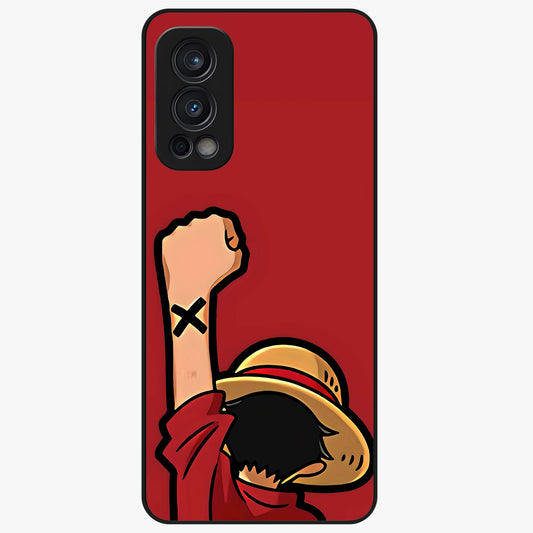 Luffy X Spirit Glass Case showing flat back view with bold anime character artwork and glossy glass finish.