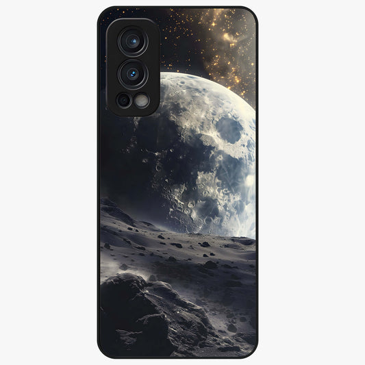 Lunar Horizon Glow Glass Case showing flat back view with glowing moon horizon artwork and glossy glass finish.