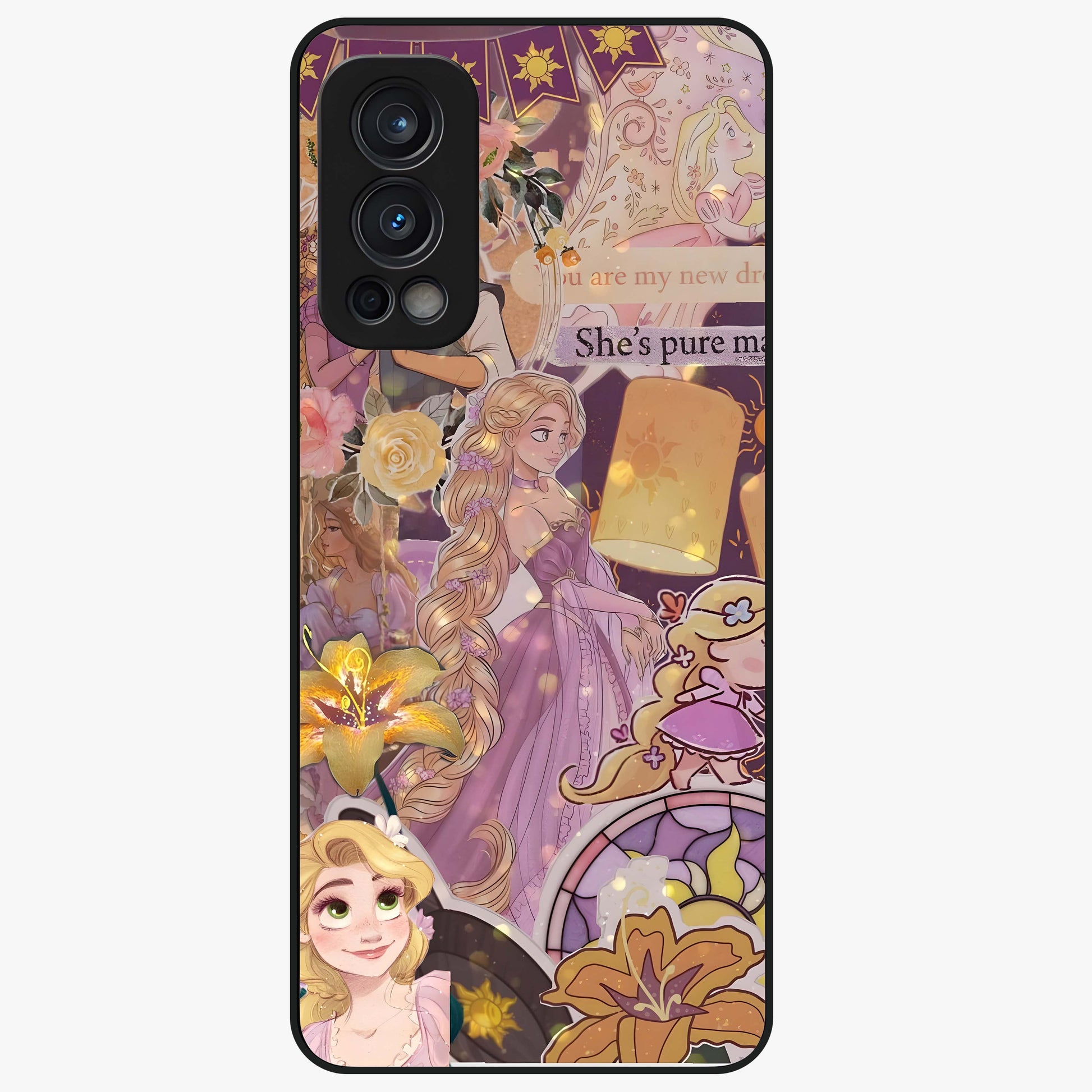 Magical Tangled Dream Glass Case showing flat back view with dreamy tangled artwork and glossy glass finish.