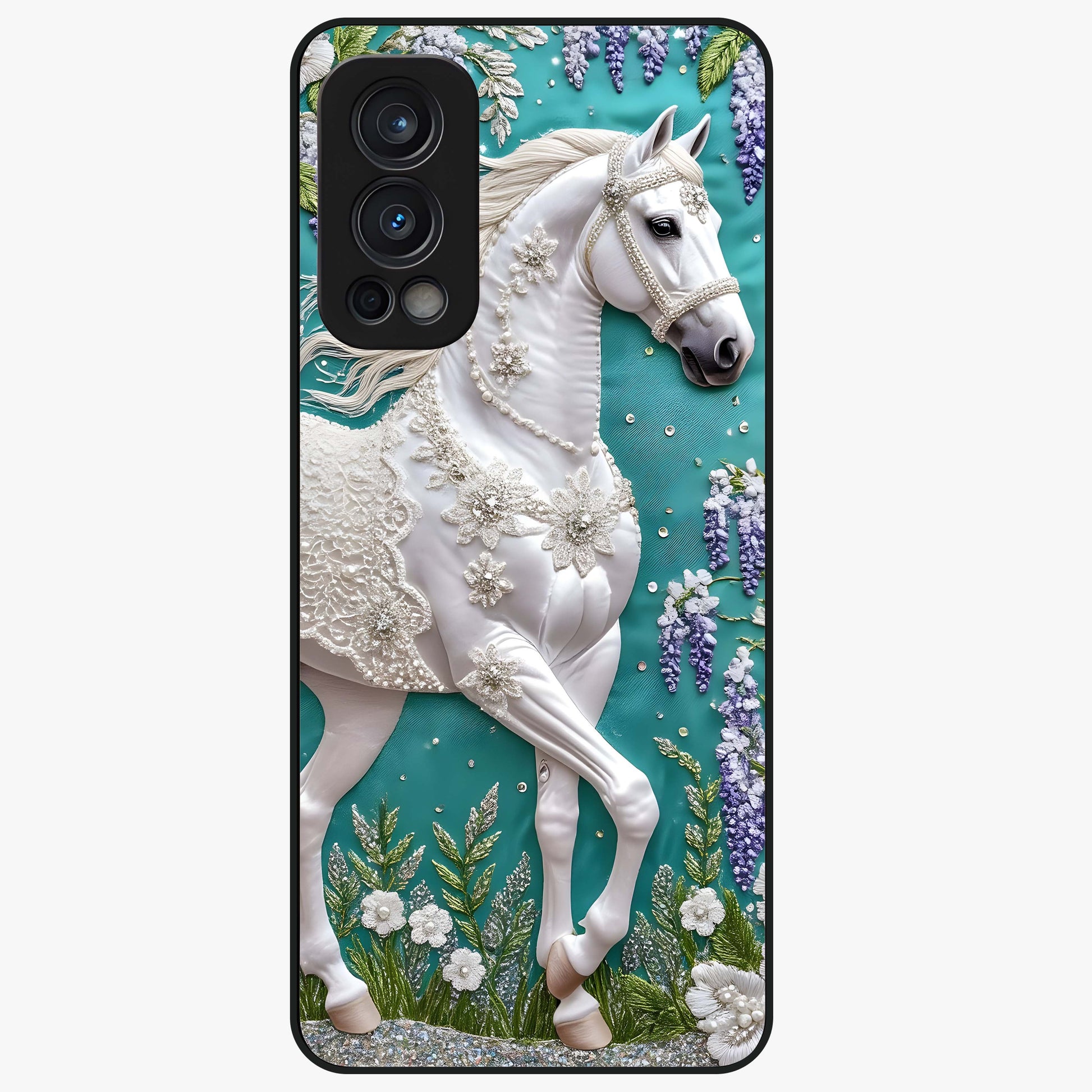 Majestic Floral Stallion Glass Case showing flat back view with powerful horse and floral artwork and glossy glass finish.