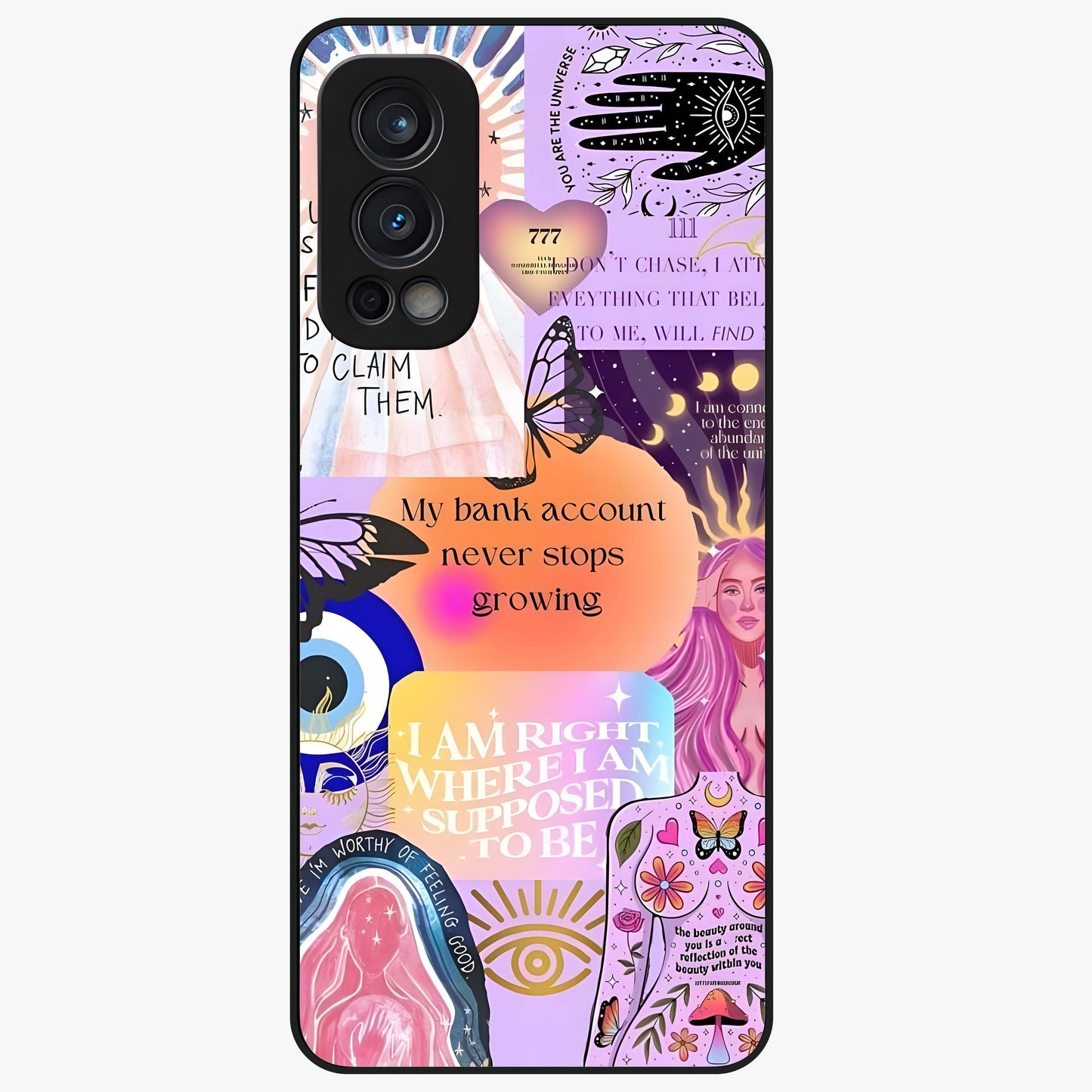 Manifestation Collage Glass Case showing flat back view with motivational collage artwork and glossy glass finish.