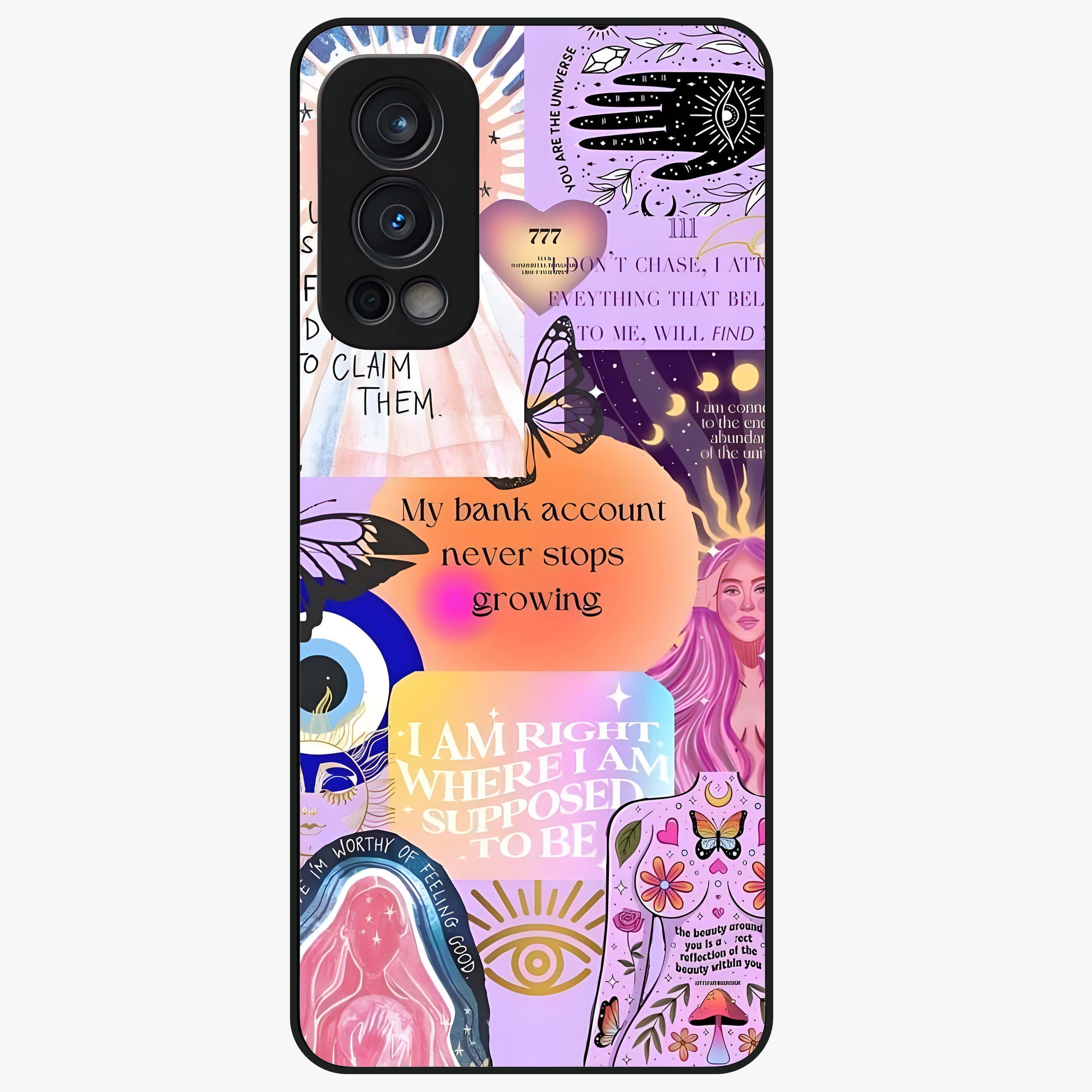 Manifestation Collage Glass Case showing flat back view with motivational collage artwork and glossy glass finish.