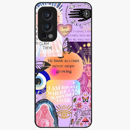 Manifestation Collage Glass Case showing flat back view with motivational collage artwork and glossy glass finish.