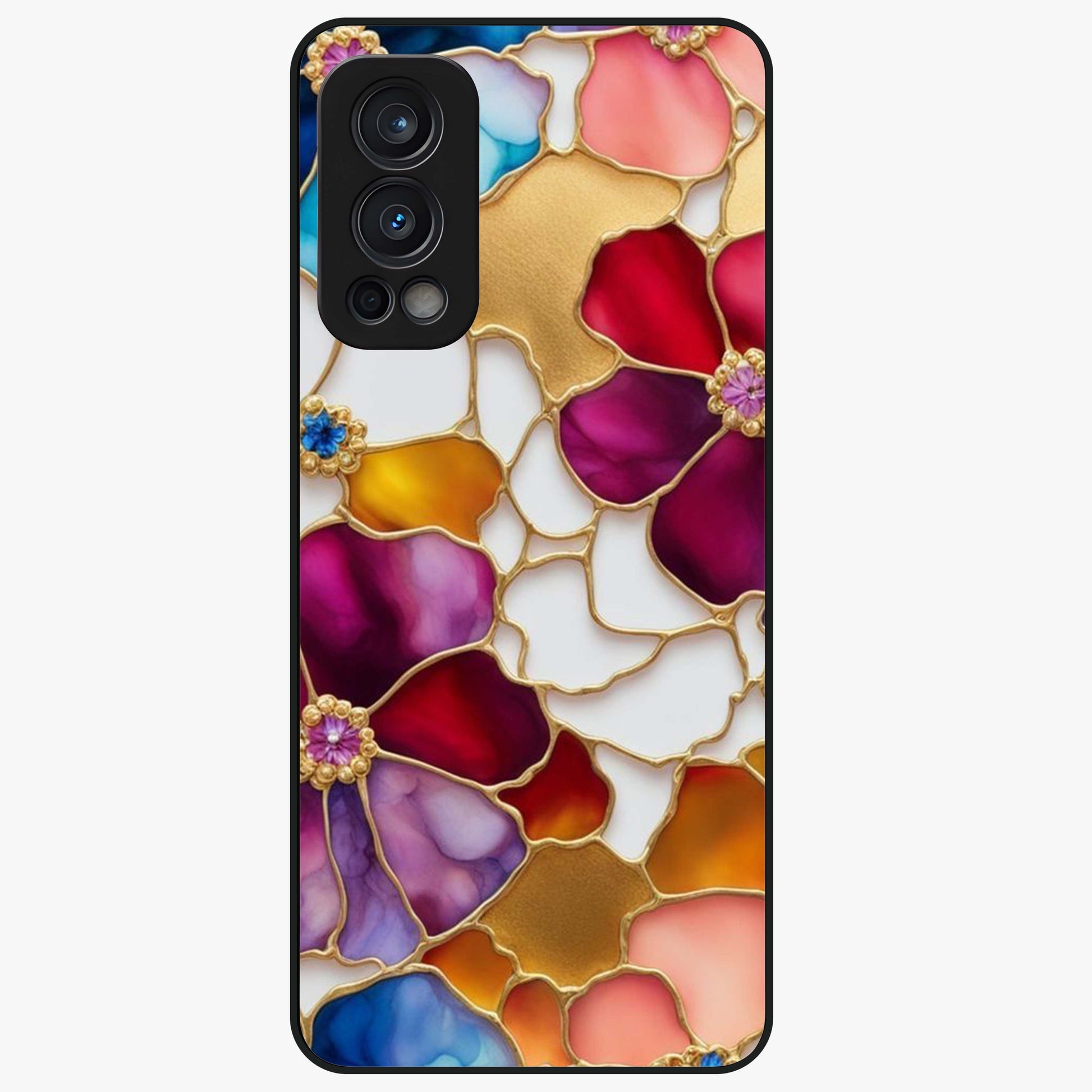 Marble Flower Pattern Glass Case showing flat back view with marble texture floral artwork and glossy glass finish.