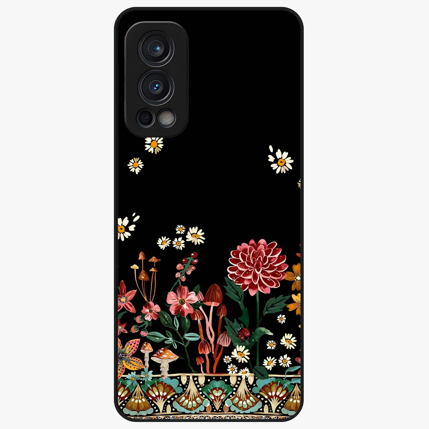 Midnight Bloom Pattern Glass Case showing flat back view with dark floral pattern artwork and glossy glass finish.