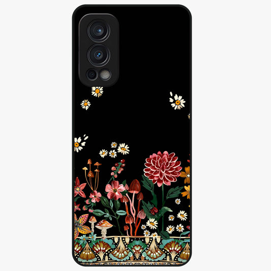 Midnight Bloom Pattern Glass Case showing flat back view with dark floral pattern artwork and glossy glass finish.