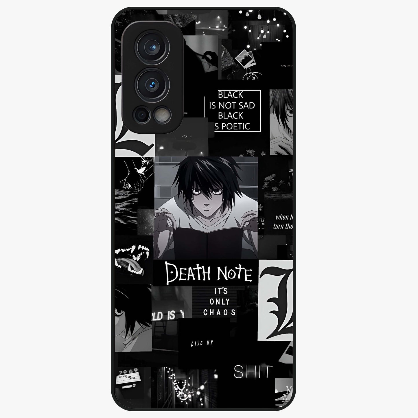 Midnight Chaos Mind Glass Case showing flat back view with abstract dark themed artwork and glossy glass finish.