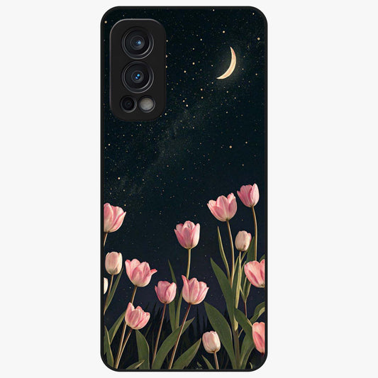 Midnight Tulip Whispers Vibe Glass Case showing flat back view with elegant tulip flower artwork and glossy glass finish.